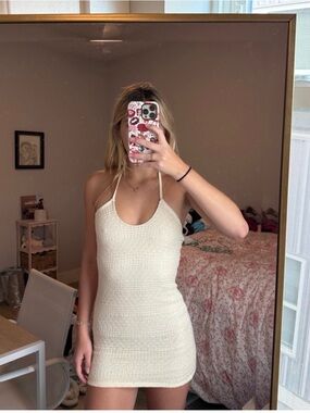 Women’s Cream Crochet Halter Mini Dress